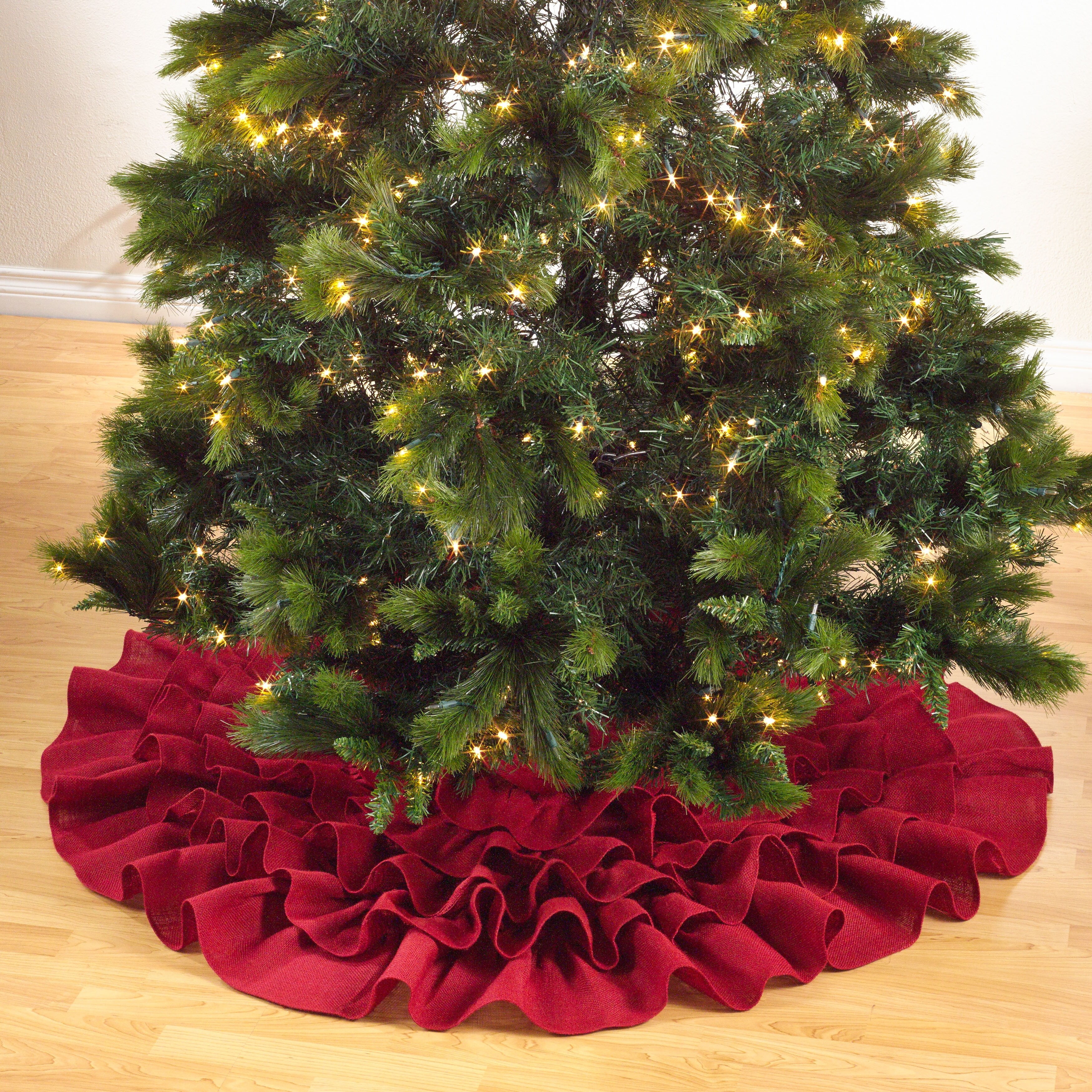 Red Jute Ruffled Christmas Tree Skirt with Button Closure