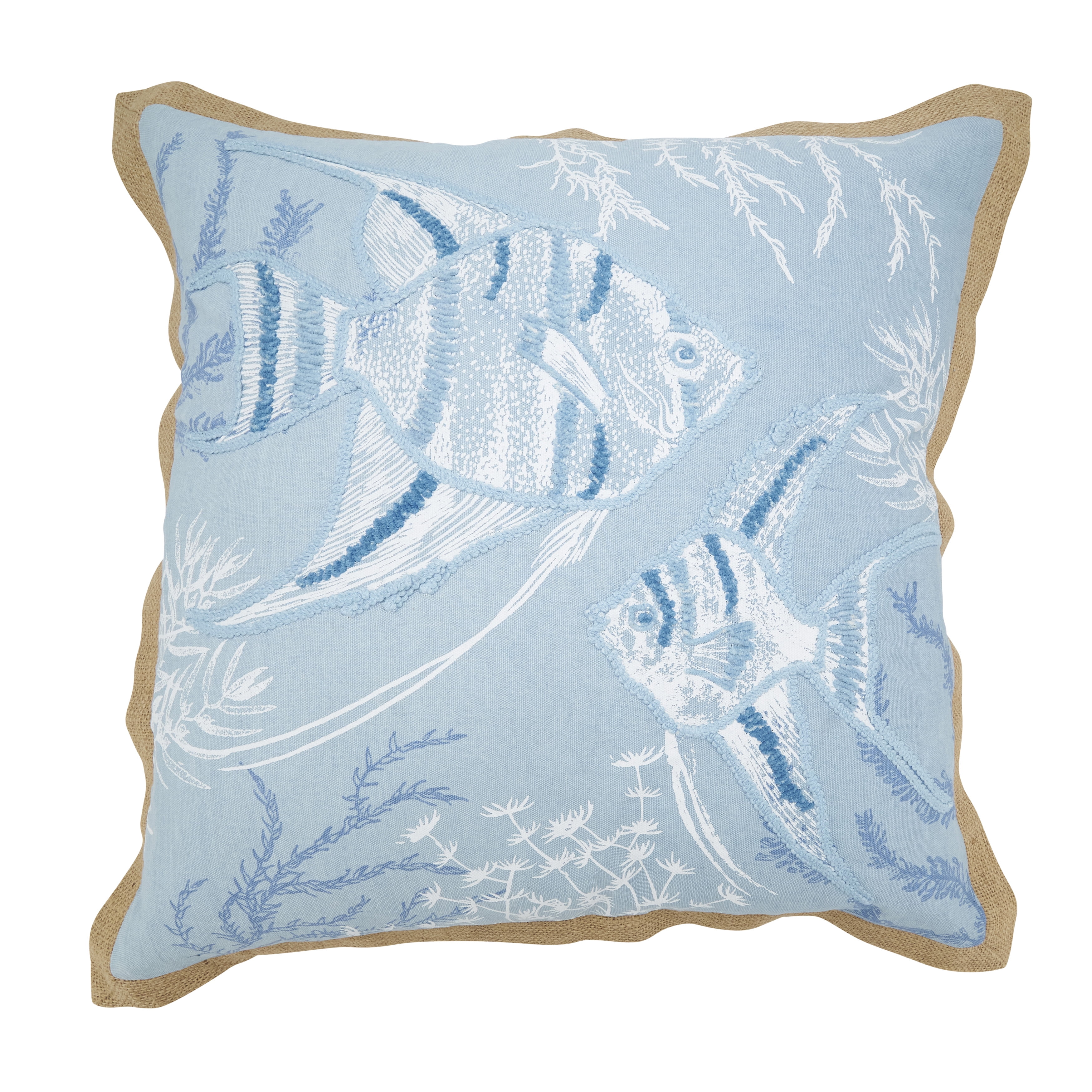 Seaside Splash Blue Cotton Fish Throw Pillow Cover 20x20