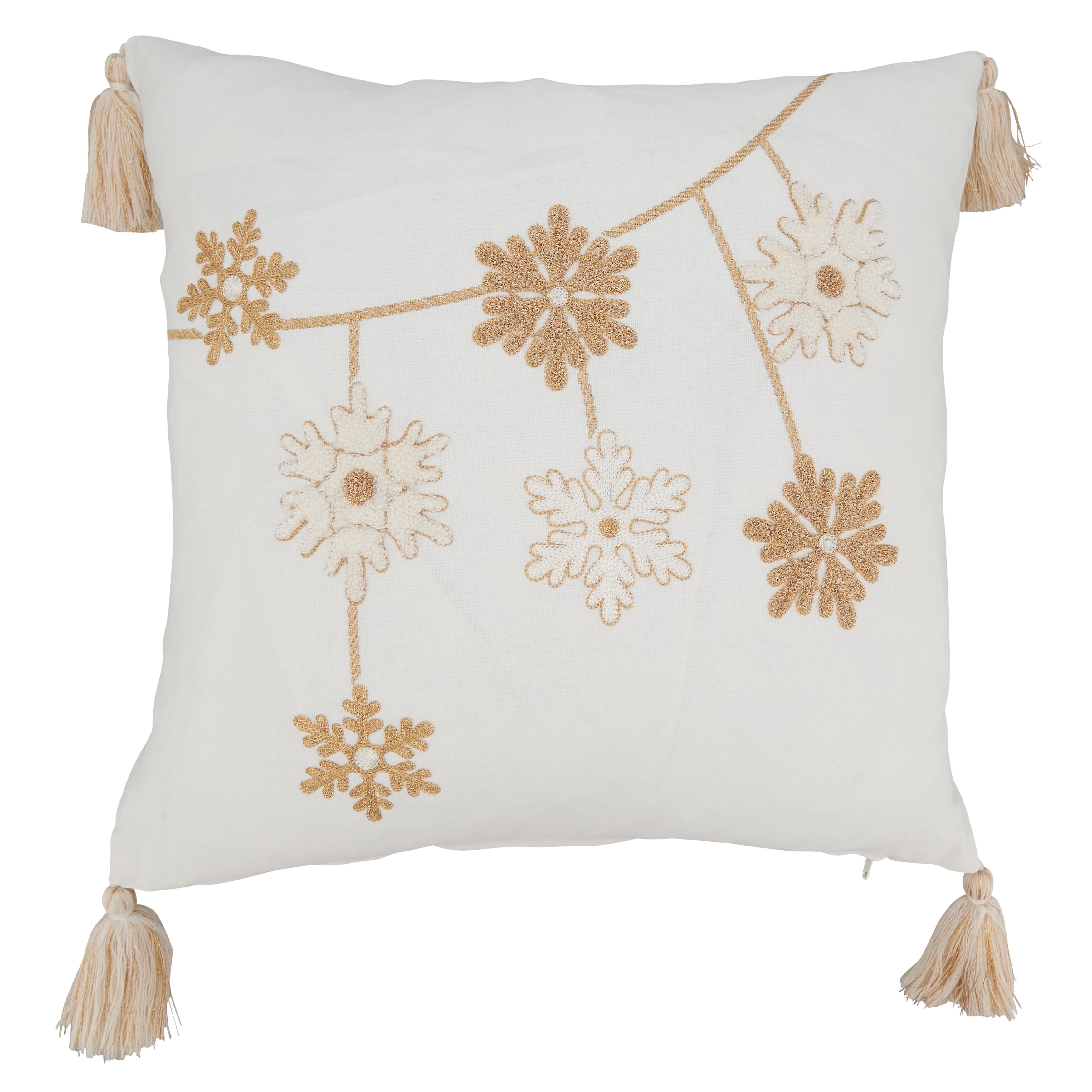 Gold Snowflake Embroidered Square Throw Pillow with Tassels