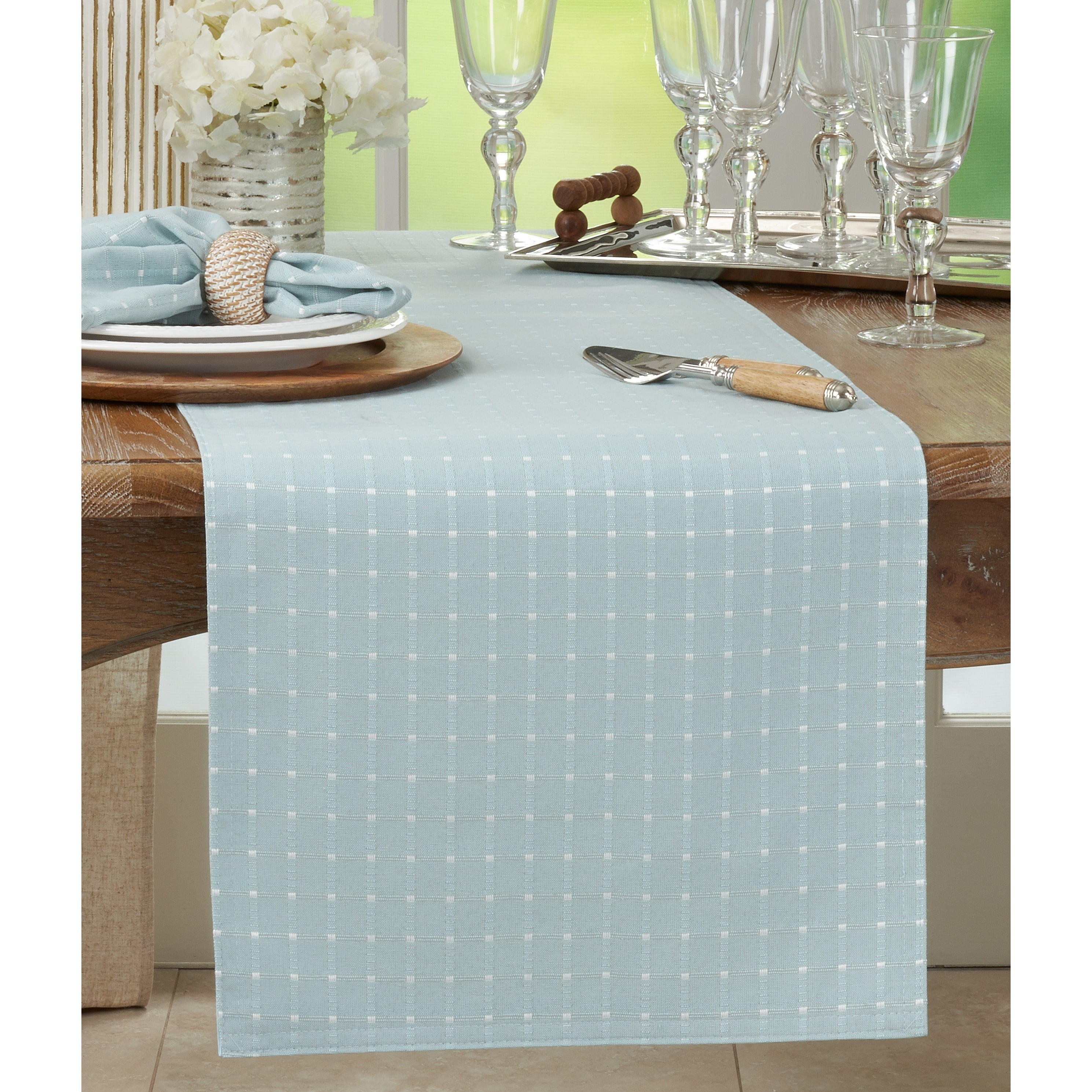 Aqua Cotton Blend Stitched Table Runner, 16" x 72"