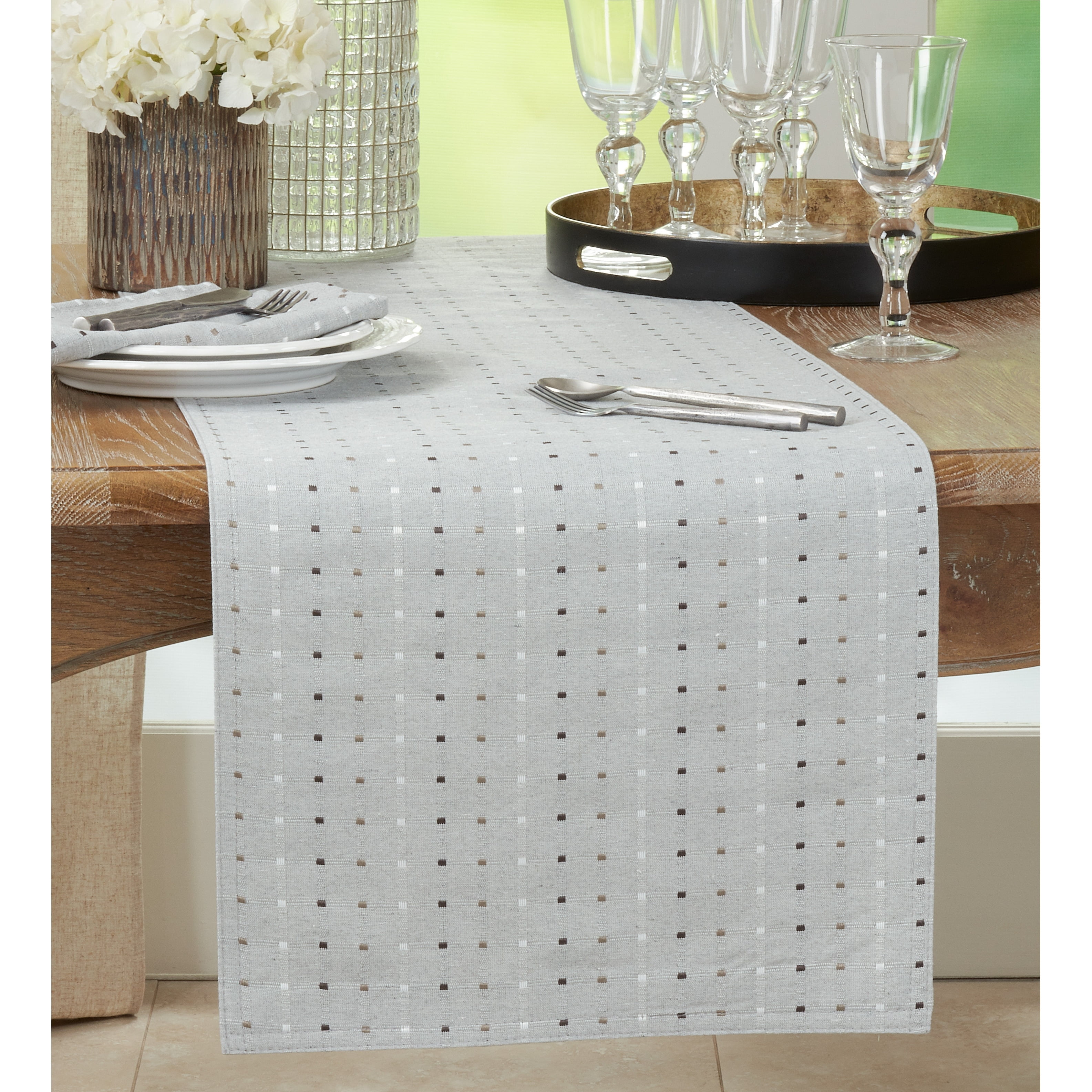 Gray Cotton Polyester Stitched Line Table Runner, 16" x 108"
