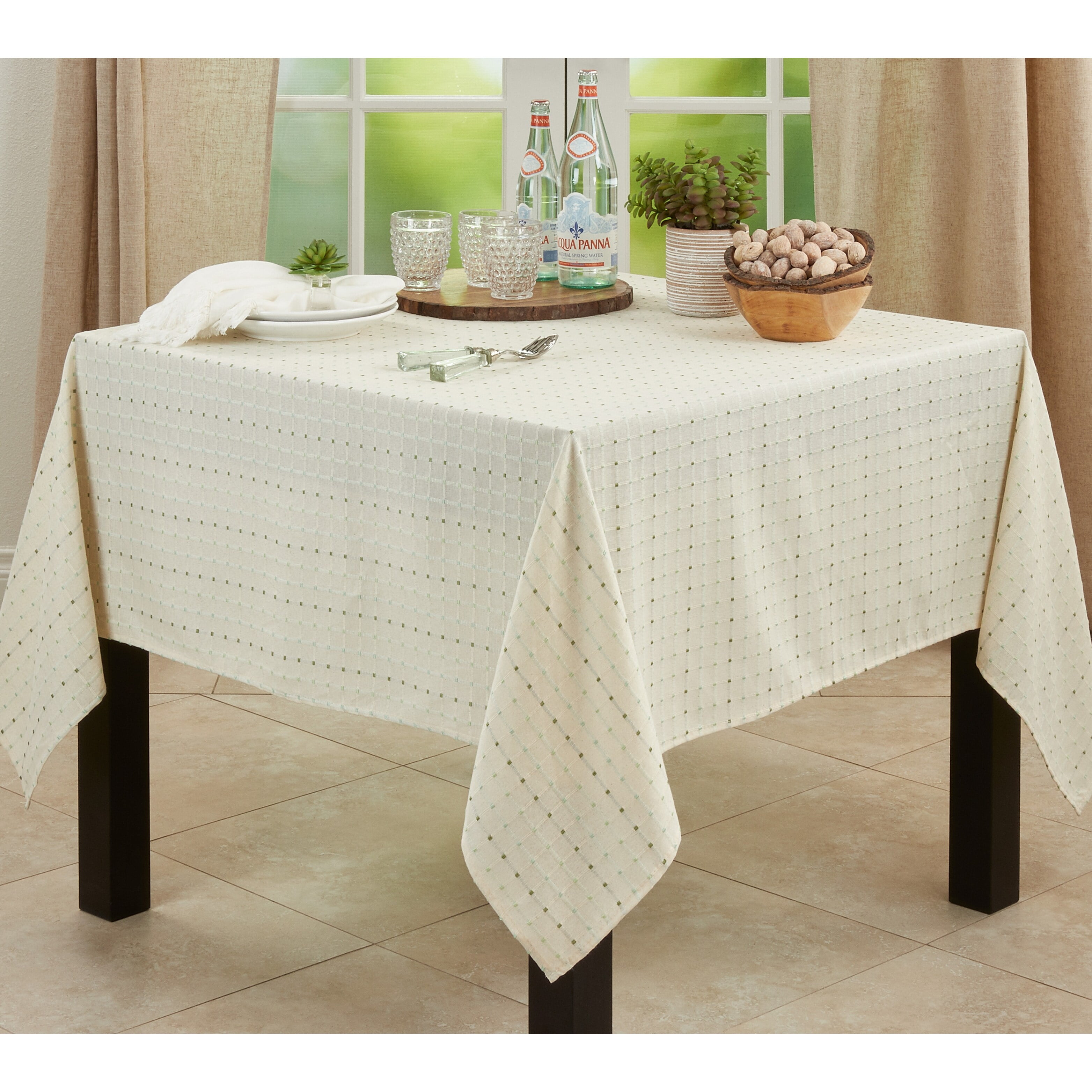 White Square Fabric Tablecloth with Stitched Line Design