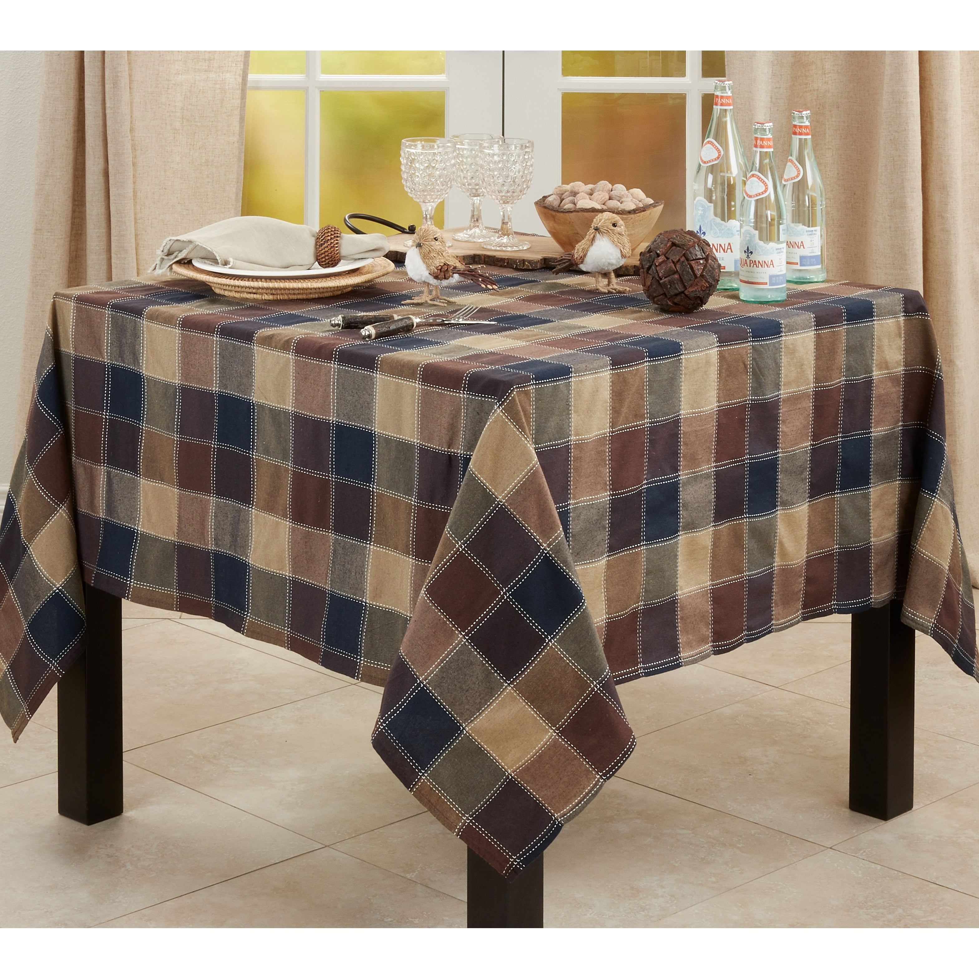 Brown and Beige Plaid Cotton Blend Square Tablecloth