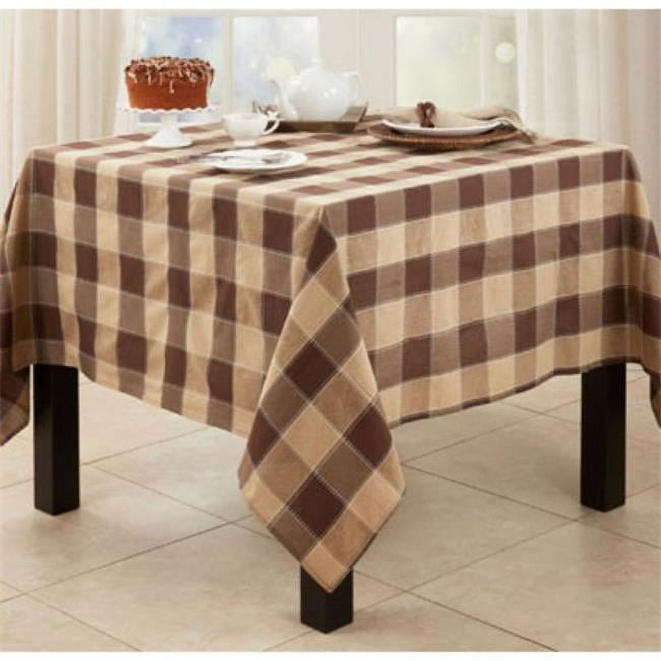 Mocha Stitched Plaid Cotton Blend Tablecloth, 70"