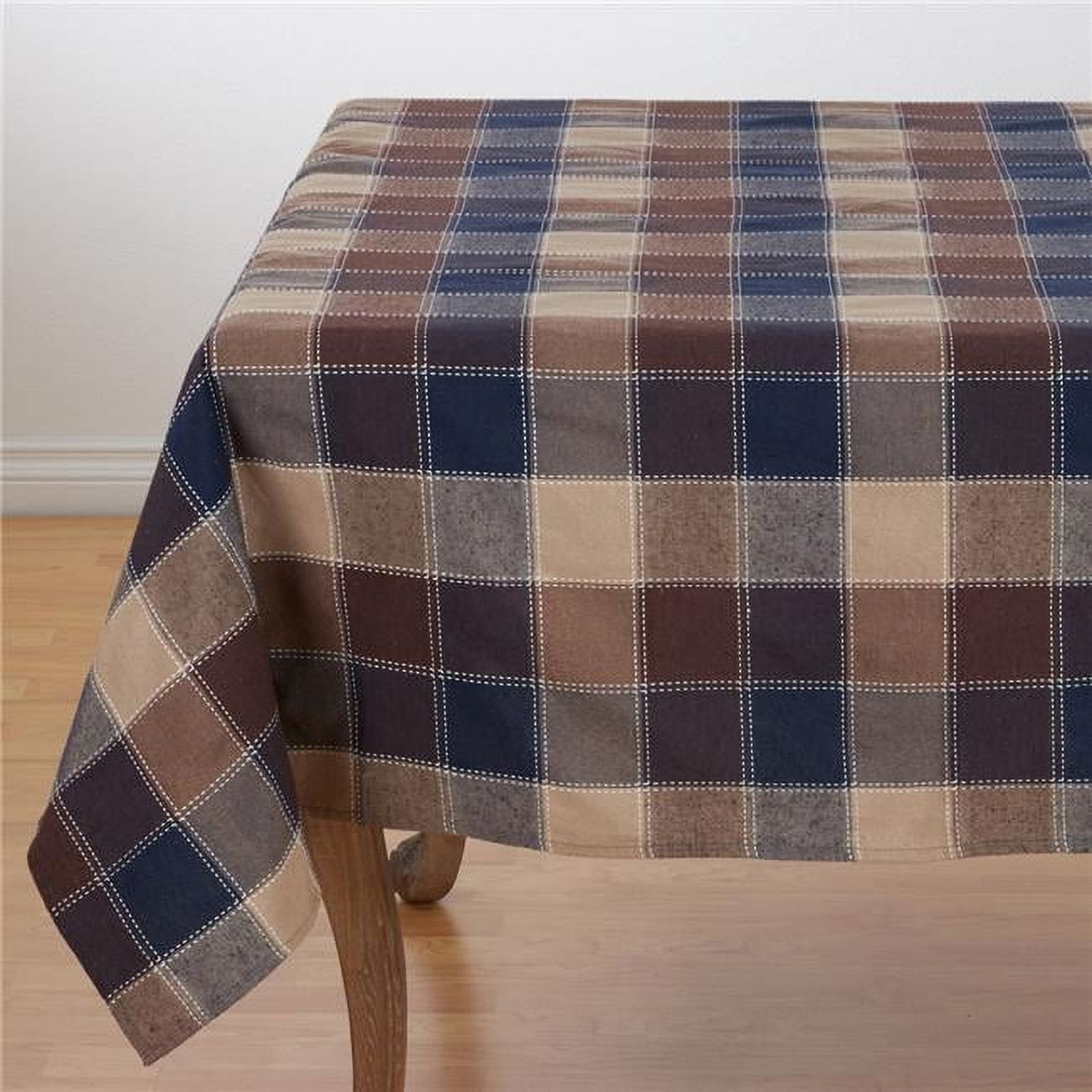 Brown and Beige Plaid Cotton Blend Square Tablecloth