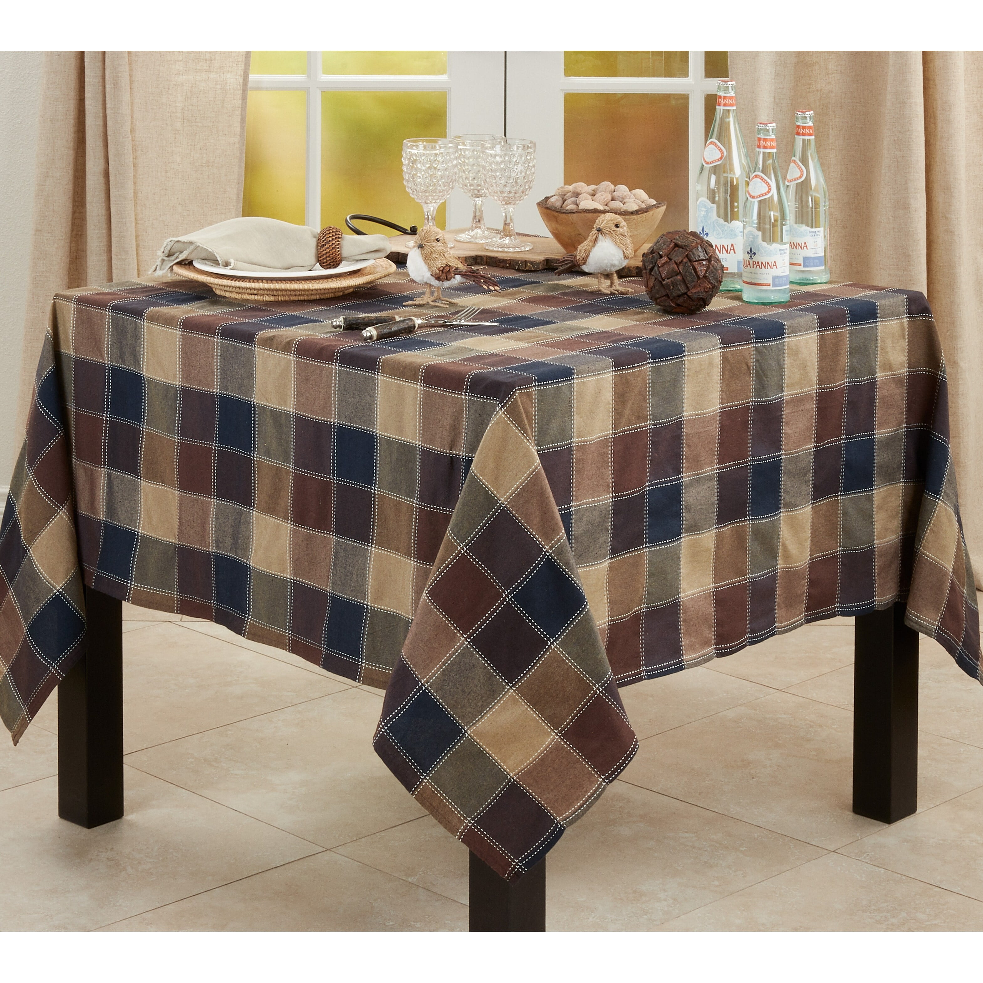 Brown and Beige Plaid Cotton Blend Square Tablecloth