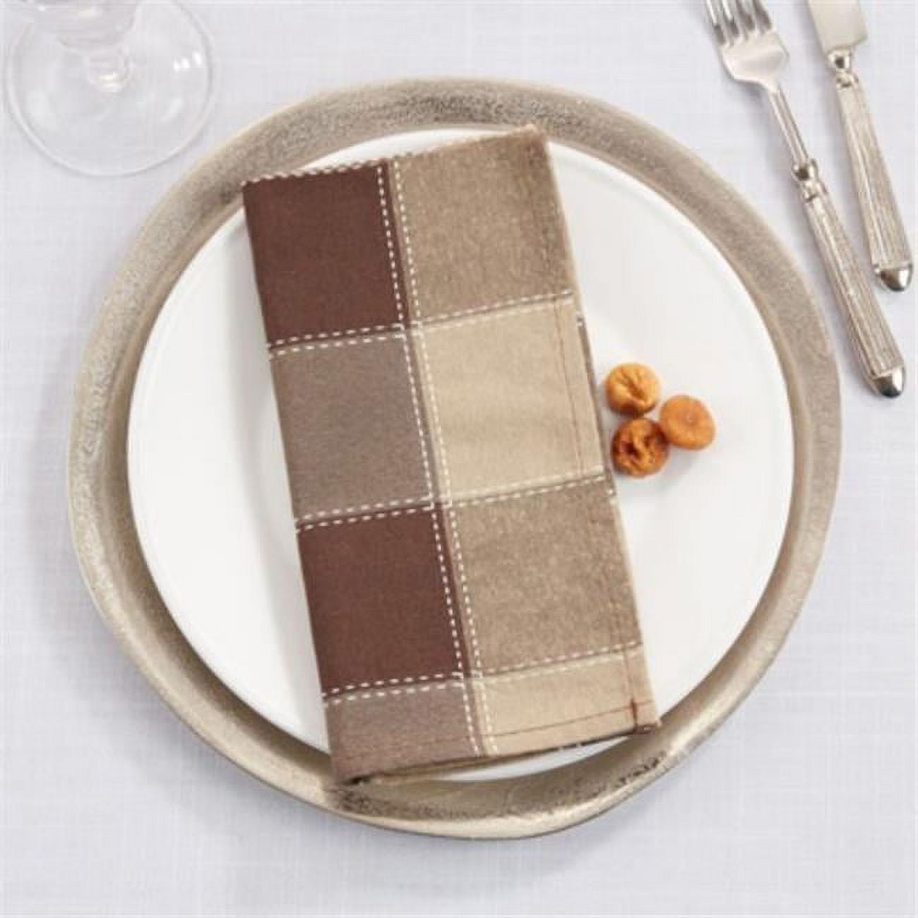Mocha Stitched Plaid Cotton Blend Table Napkins, Set of 4