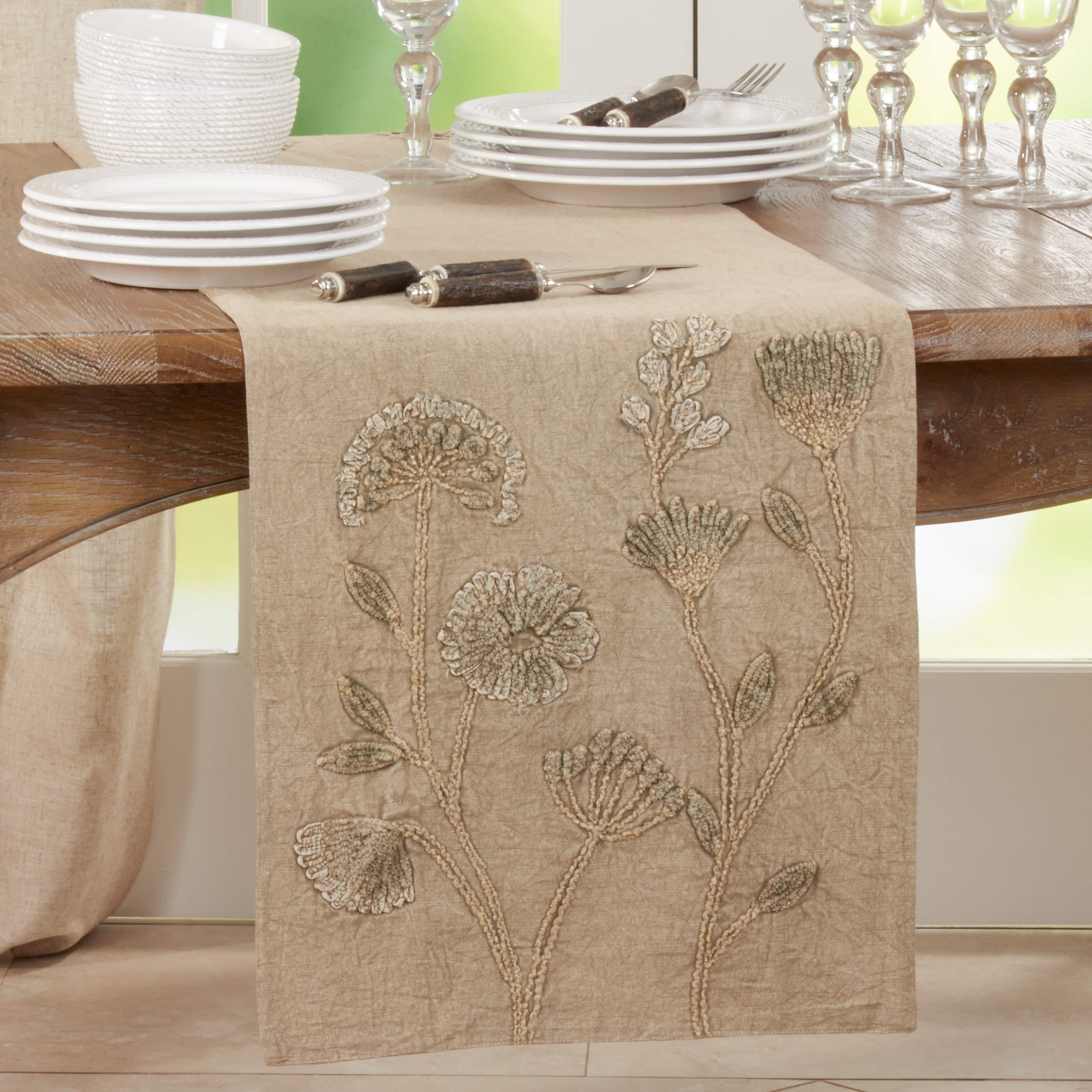 Taupe Floral Embroidered Cotton Table Runner