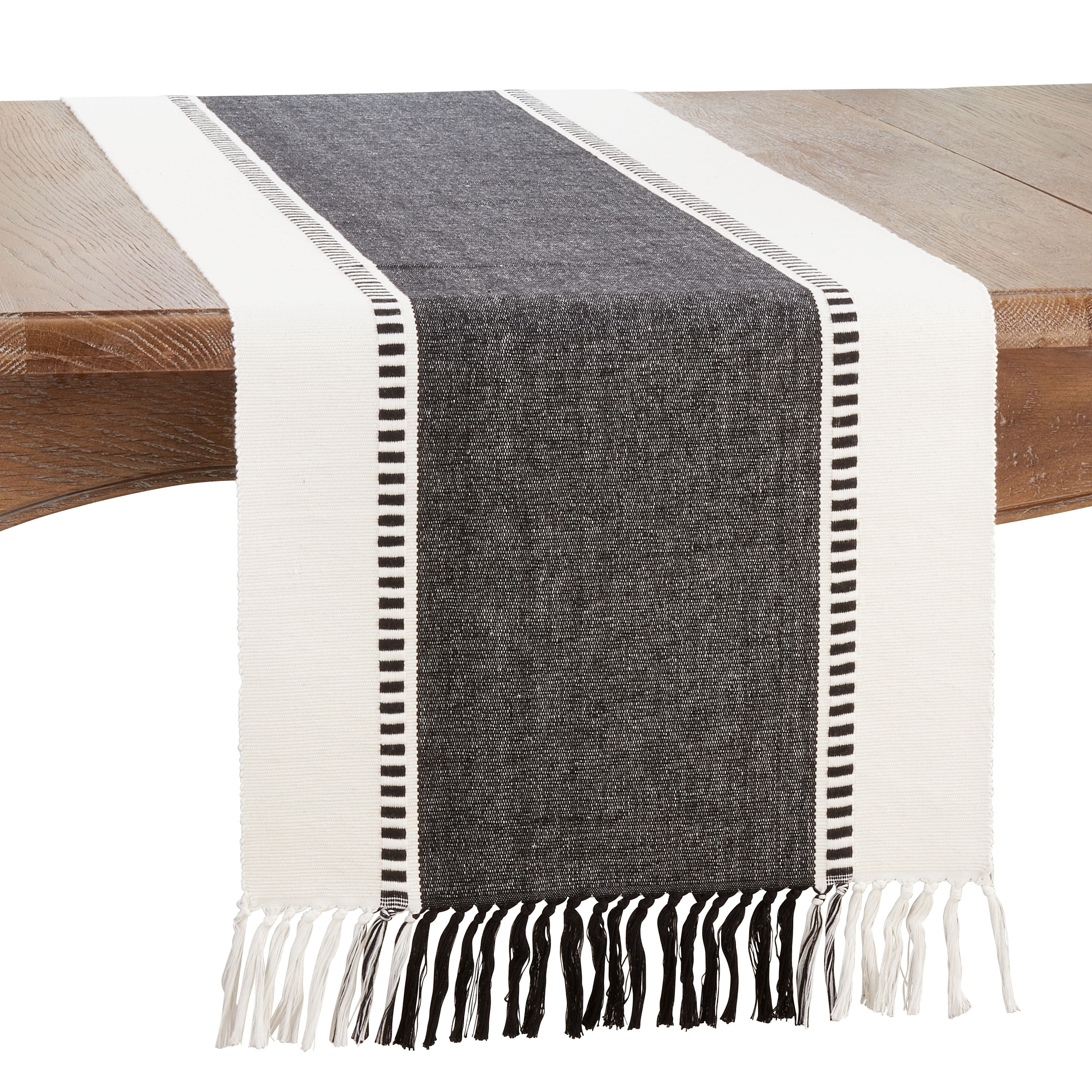 Black and White Striped Cotton Table Runner with Fringe