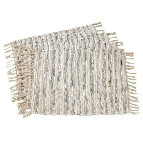 Saro Lifestyle Striped Leather & Cotton Chindi Placemats (Set of 4) - 14"x20" Silver