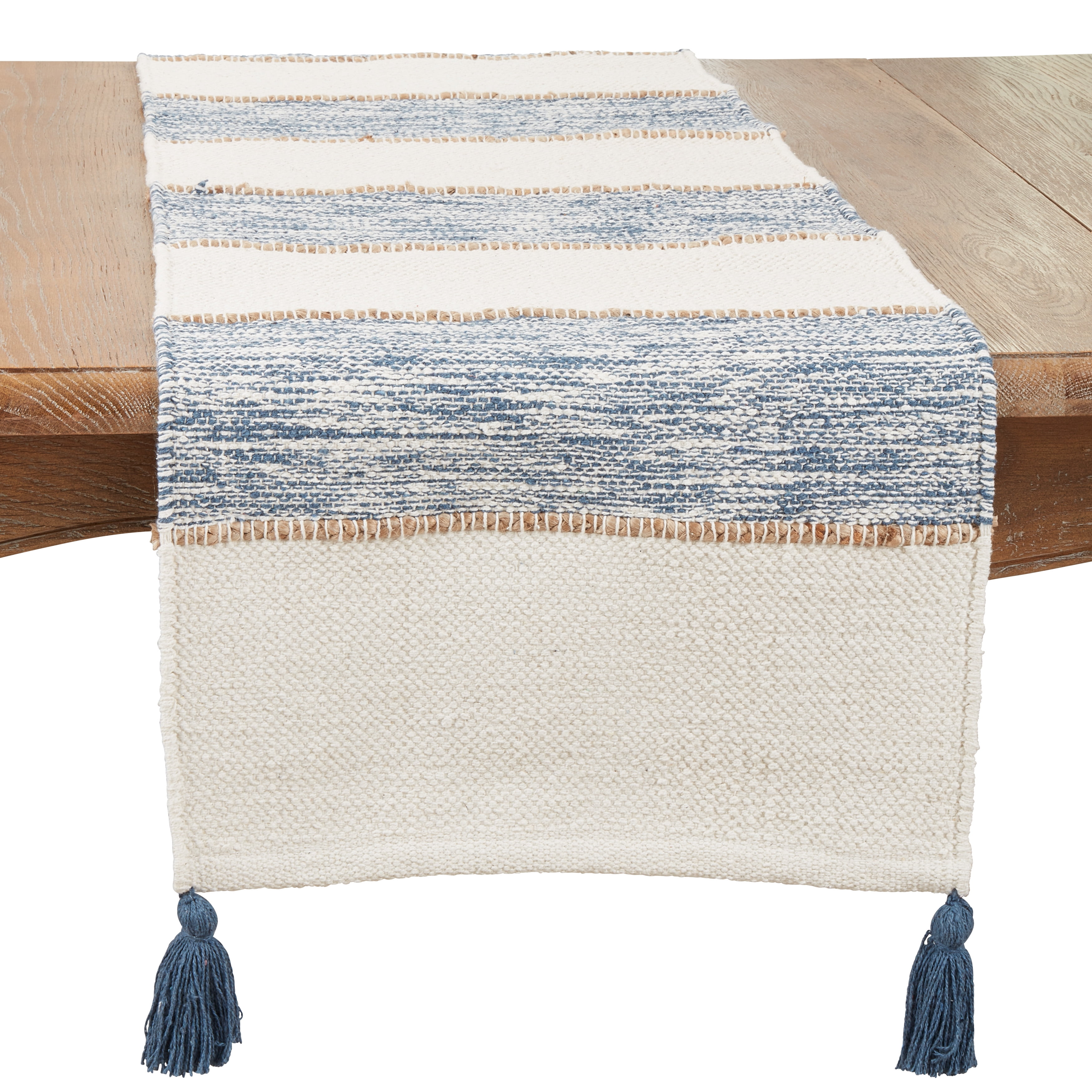 Navy Blue and White Striped Cotton Table Runner with Tassels