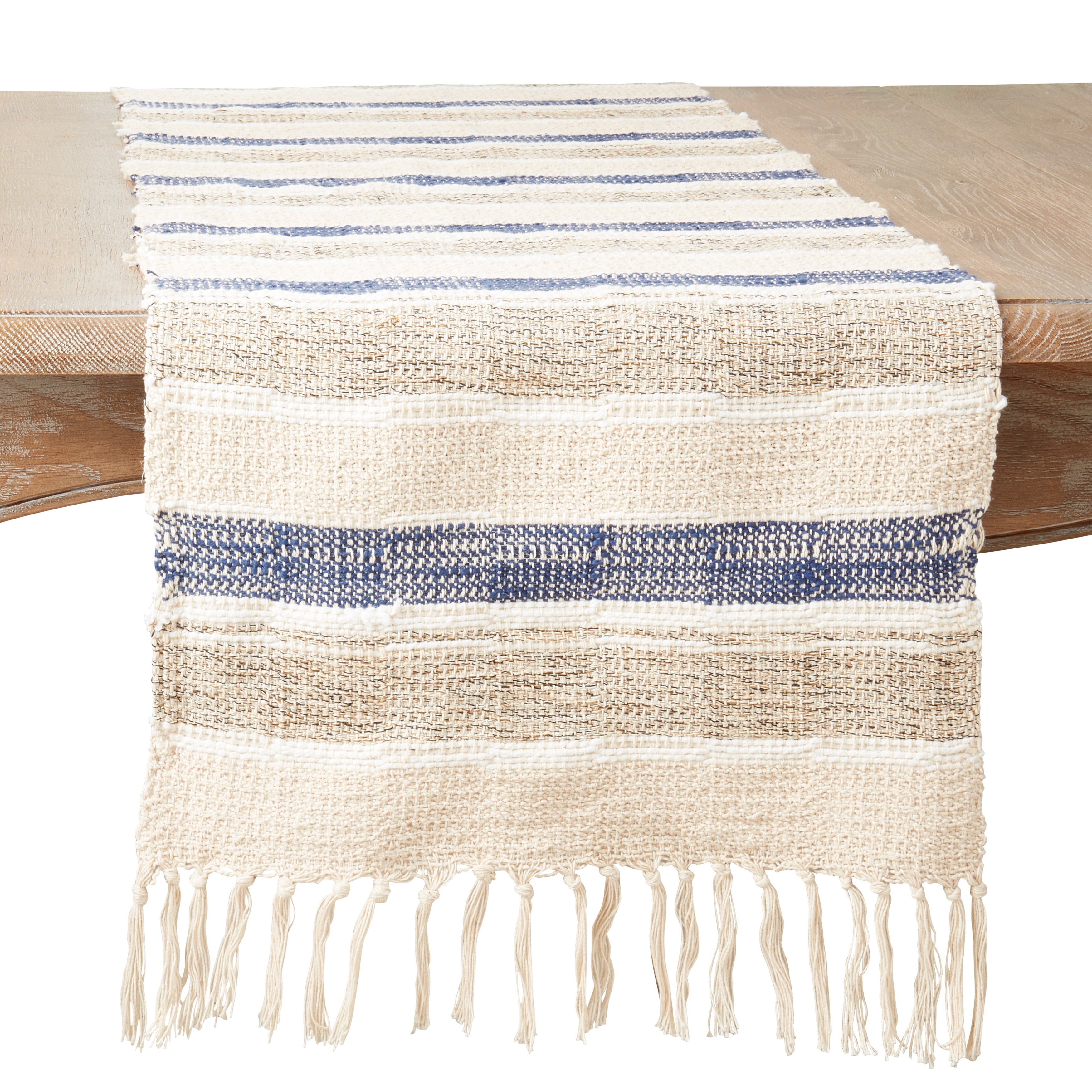 Blue and Beige Cotton Striped Table Runner with Fringe