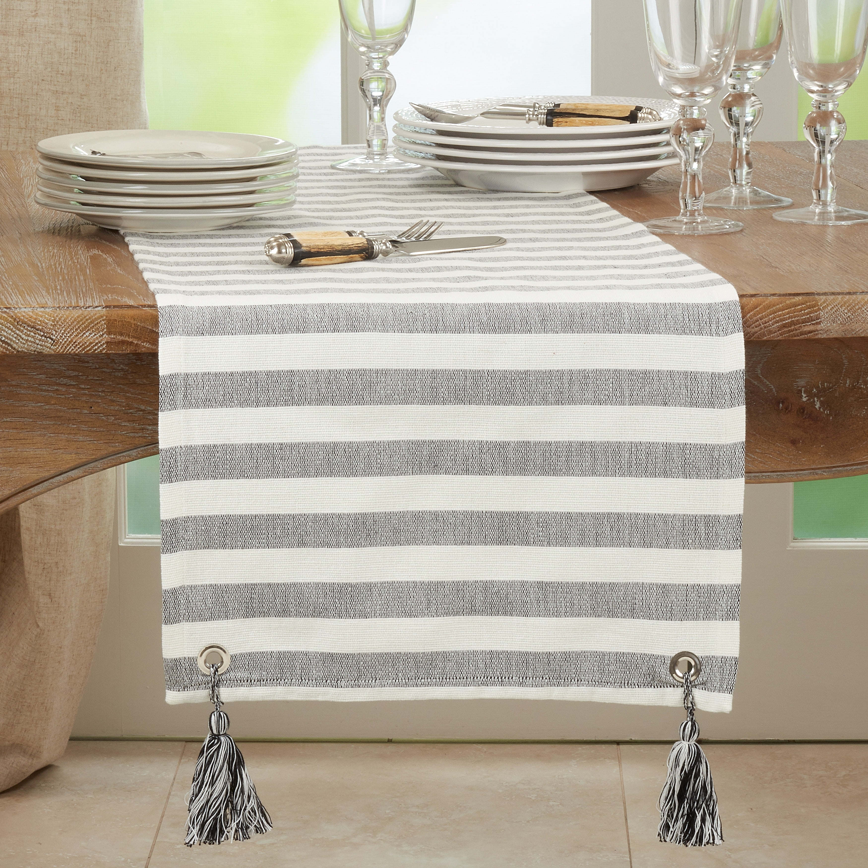 Black and White Striped Cotton Tassel Table Runner