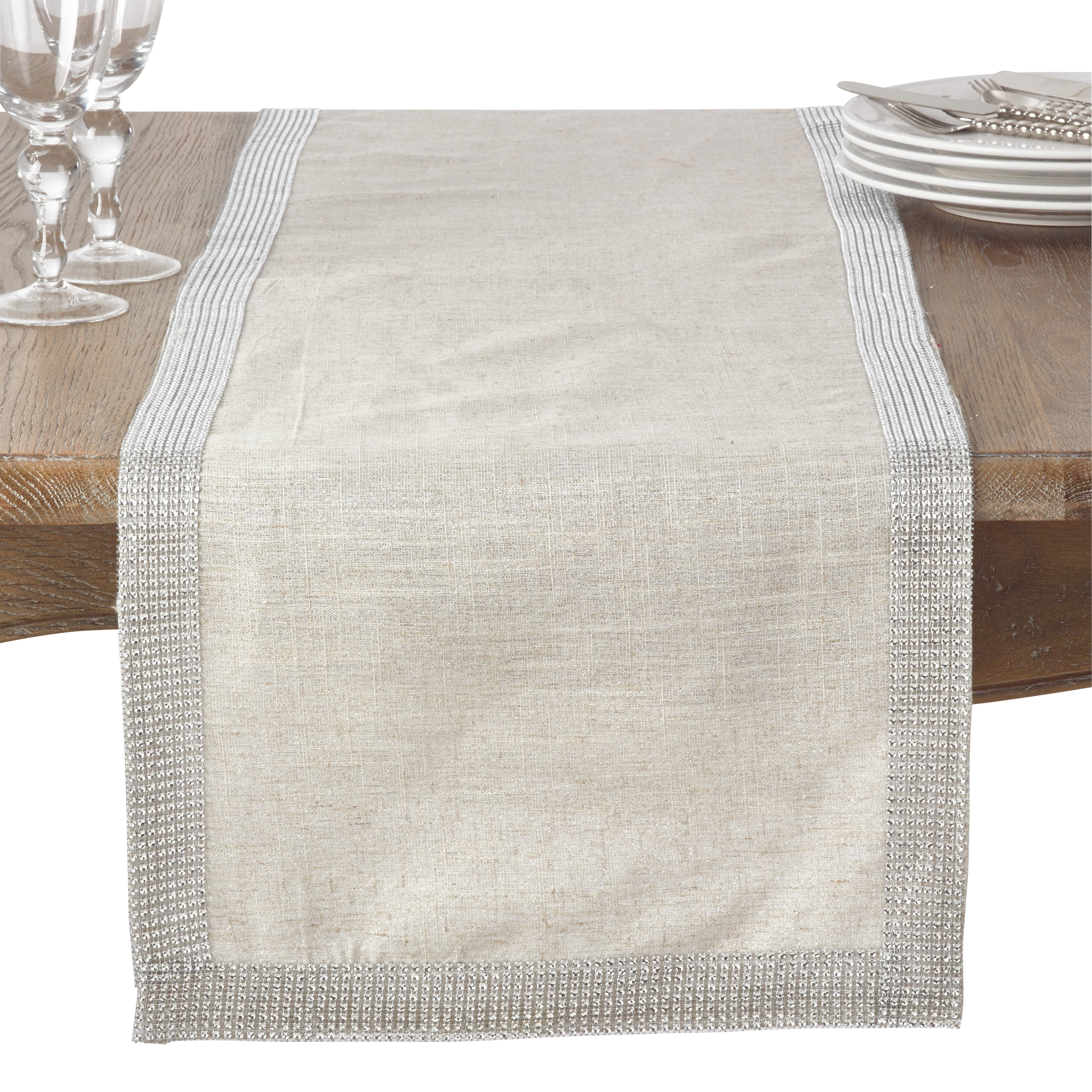 Elegant Silver Studded Polyester Linen Table Runner 16" x 90"