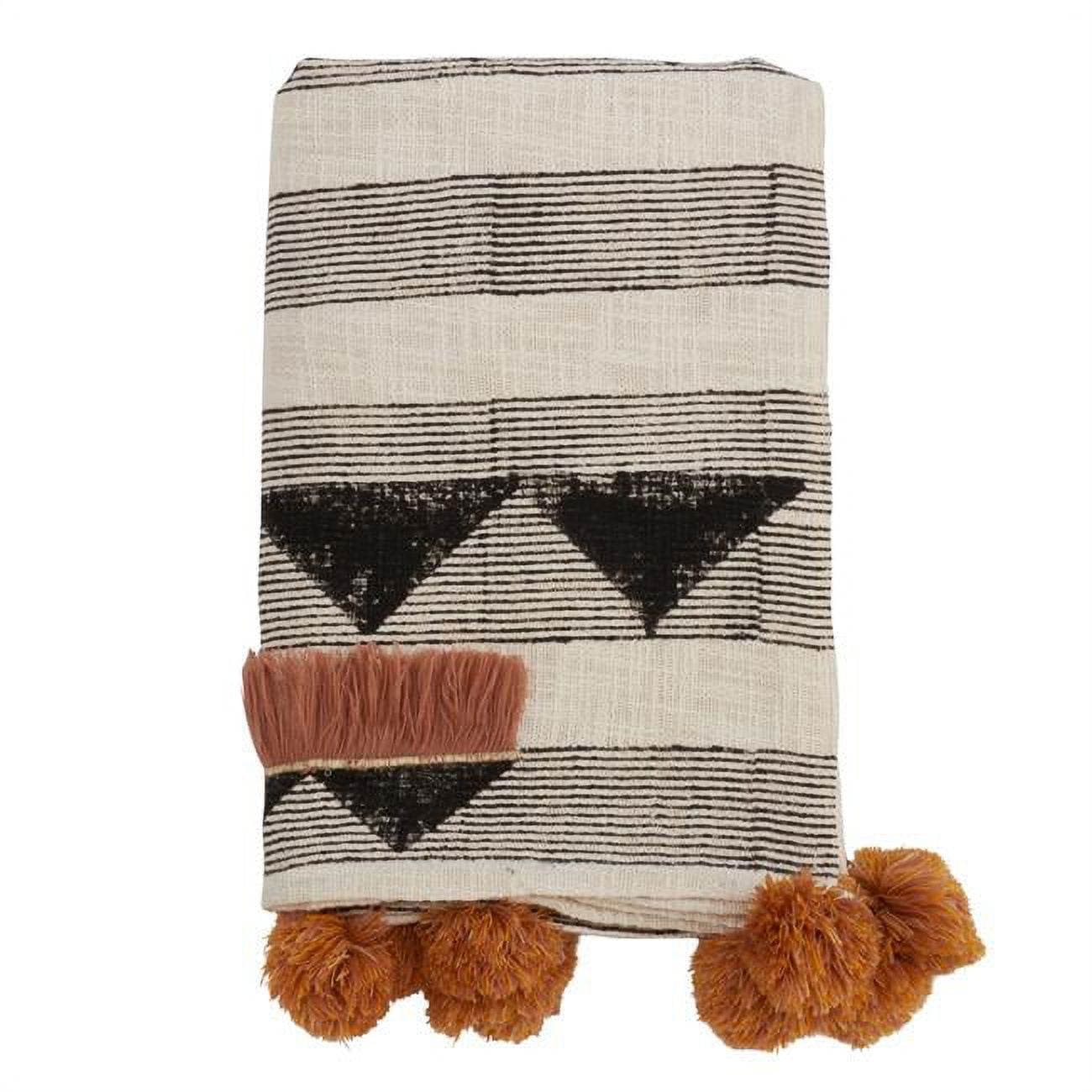 Modern Block Print Embroidered Cotton Throw with Pom Poms