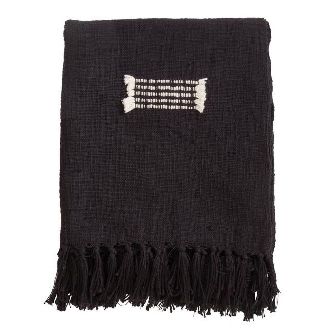 Black Cotton Throw Blanket with Fringed Lines, 50 x 60 Inch