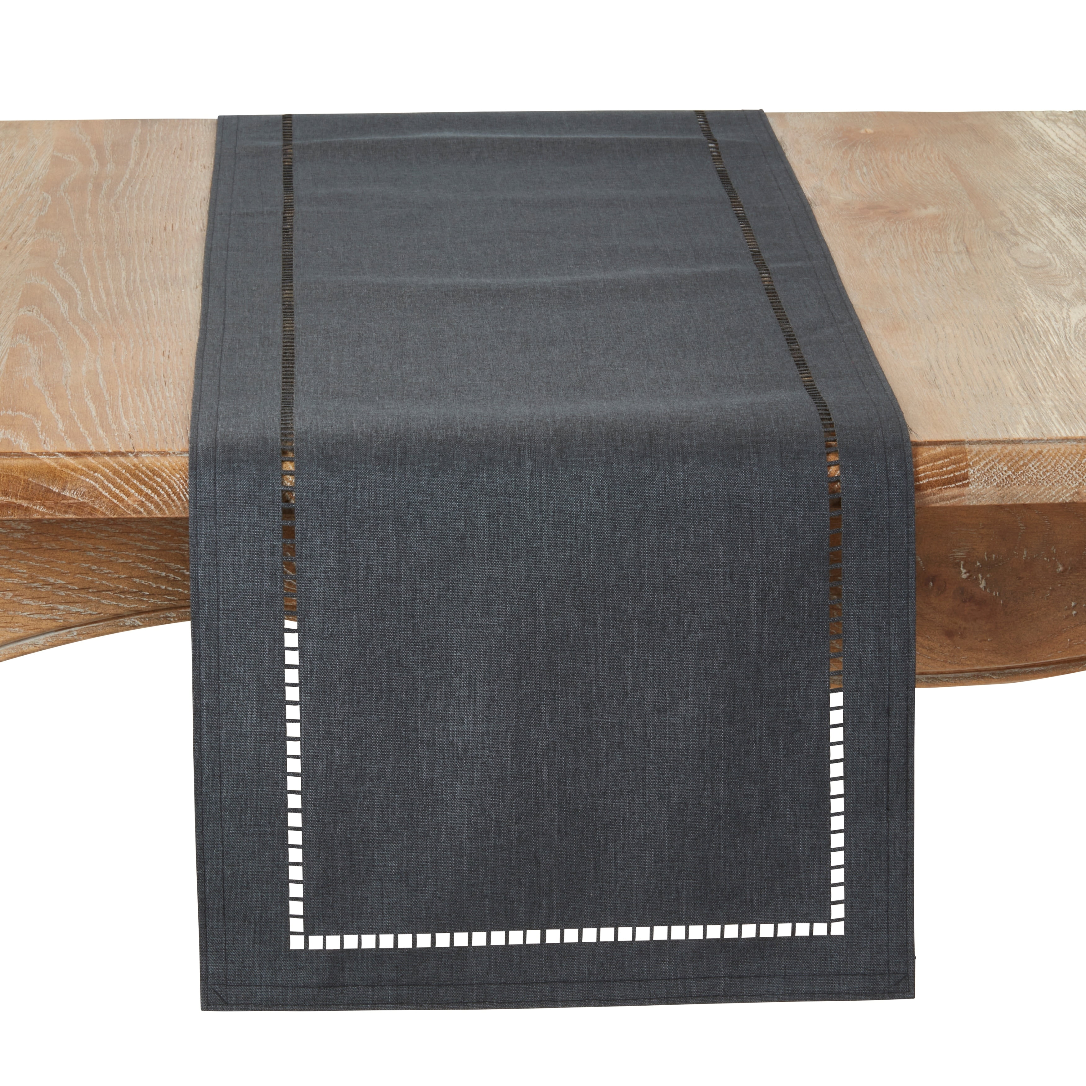 SARO LIFESTYLE Hadleigh Hemstitch Table Runner - 14x72 Inch Charcoal Polyester