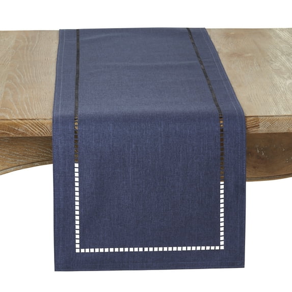 Saro Lifestyle 9738.NB14120B 14 x 120 in. Laser-Cut Hemstitch Table Runner, Navy Blue