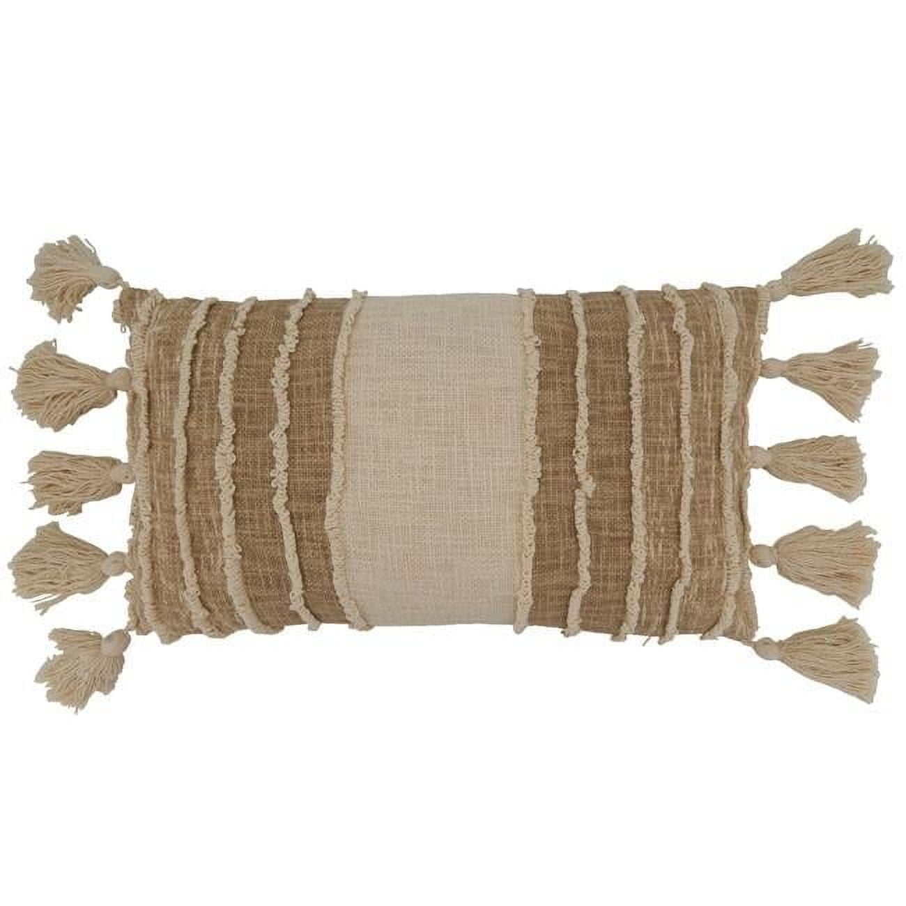 Ivory Cotton Striped Tassel Oblong Pillow Cover