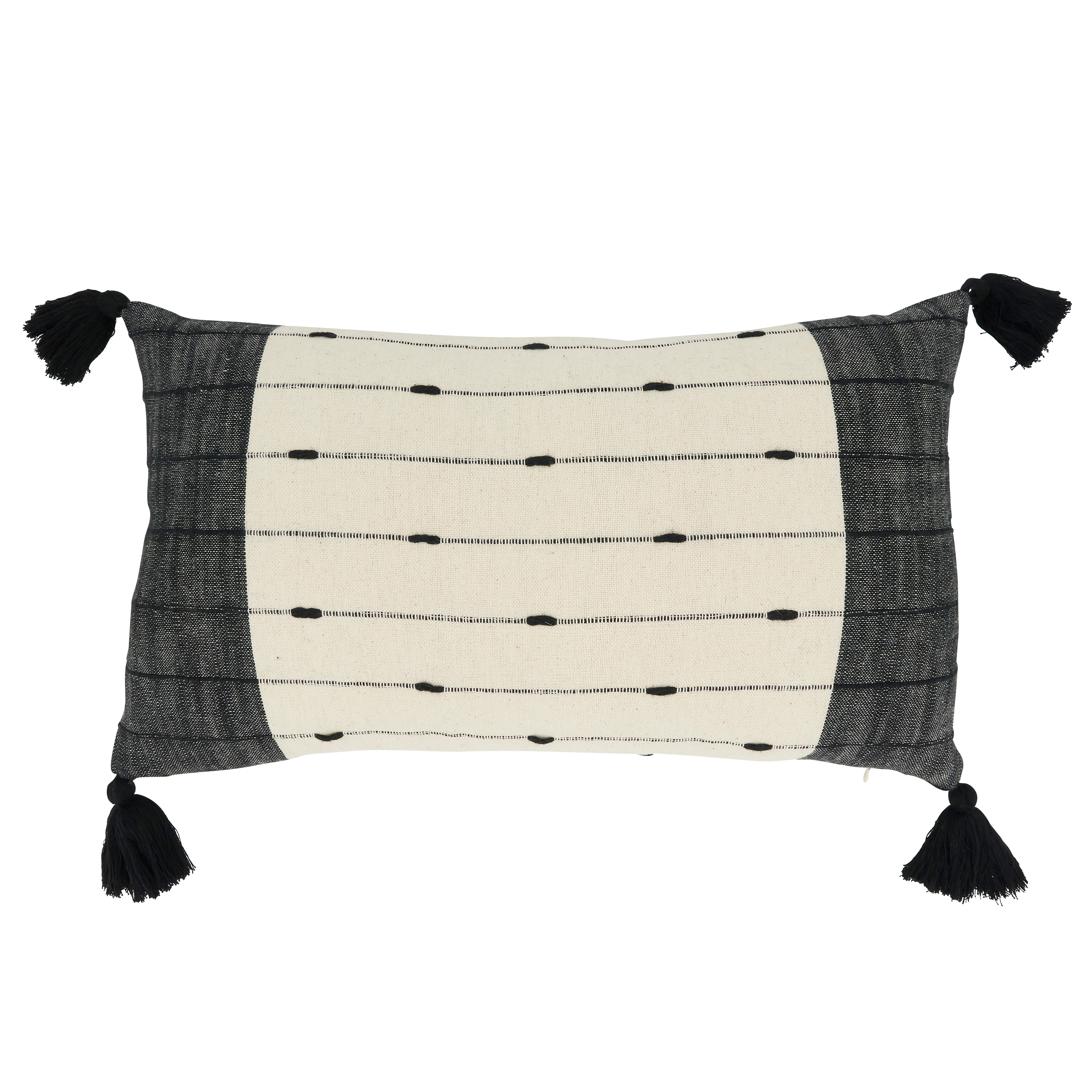 Black and Beige Cotton Tassel Trim Lumbar Throw Pillow