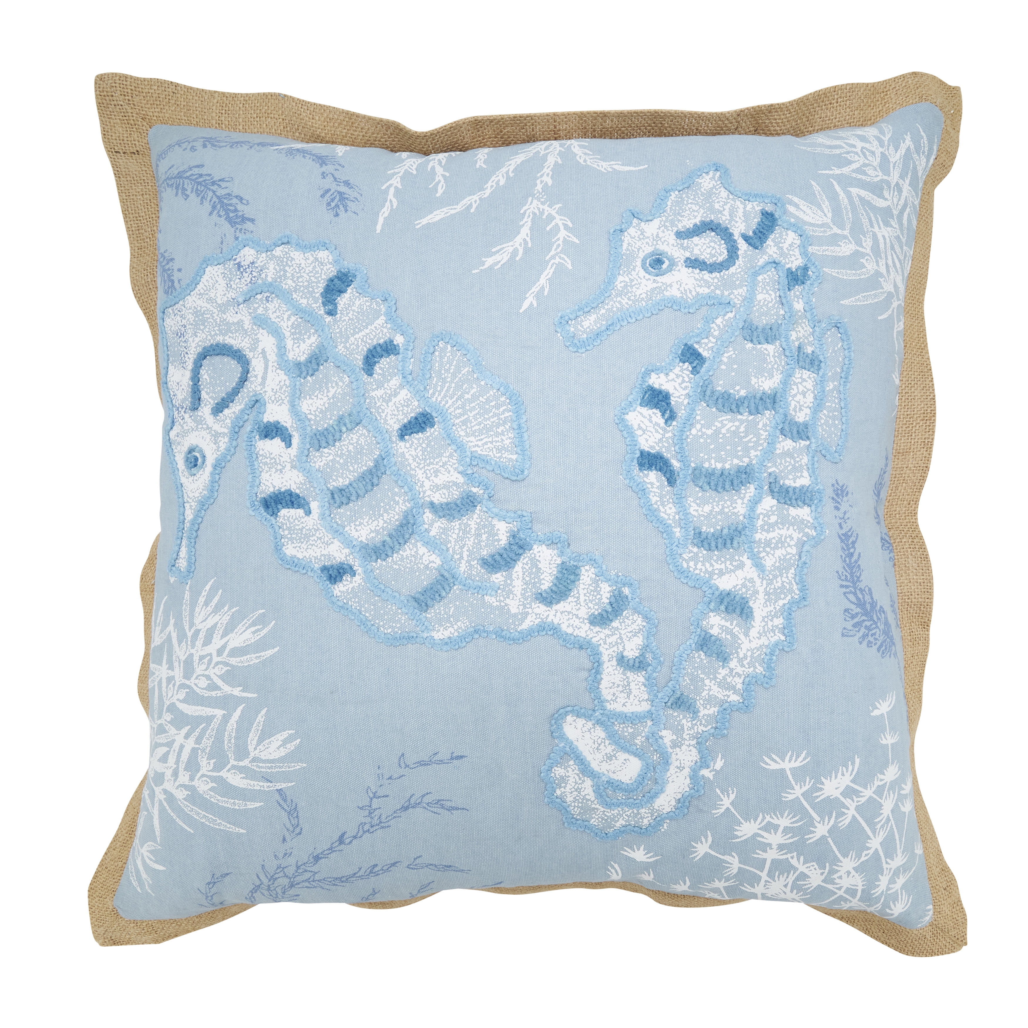 Blue Cotton Seahorse Design Square Throw Pillow Cover