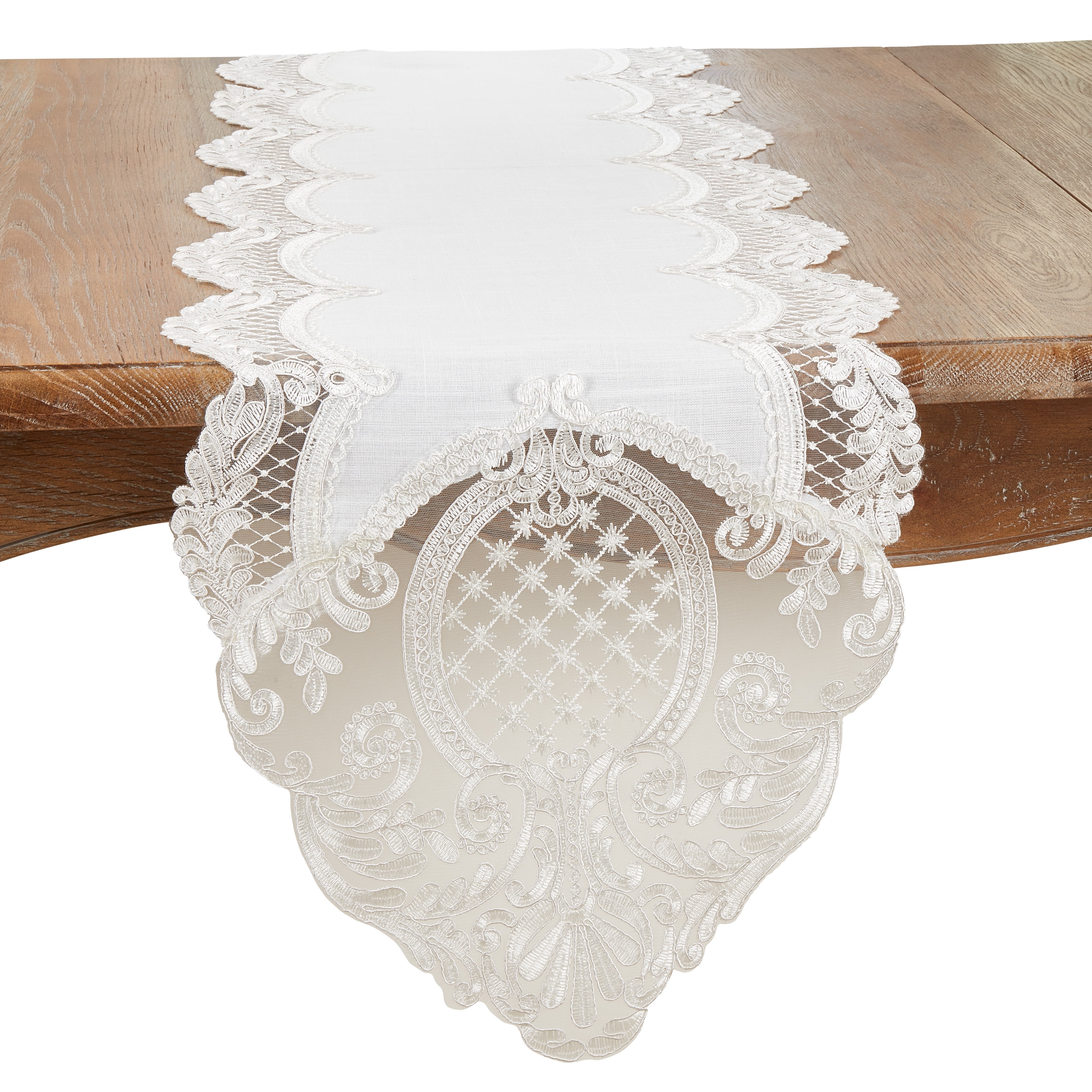 Elegant White Embroidered Lace Table Runner, 16" x 72"