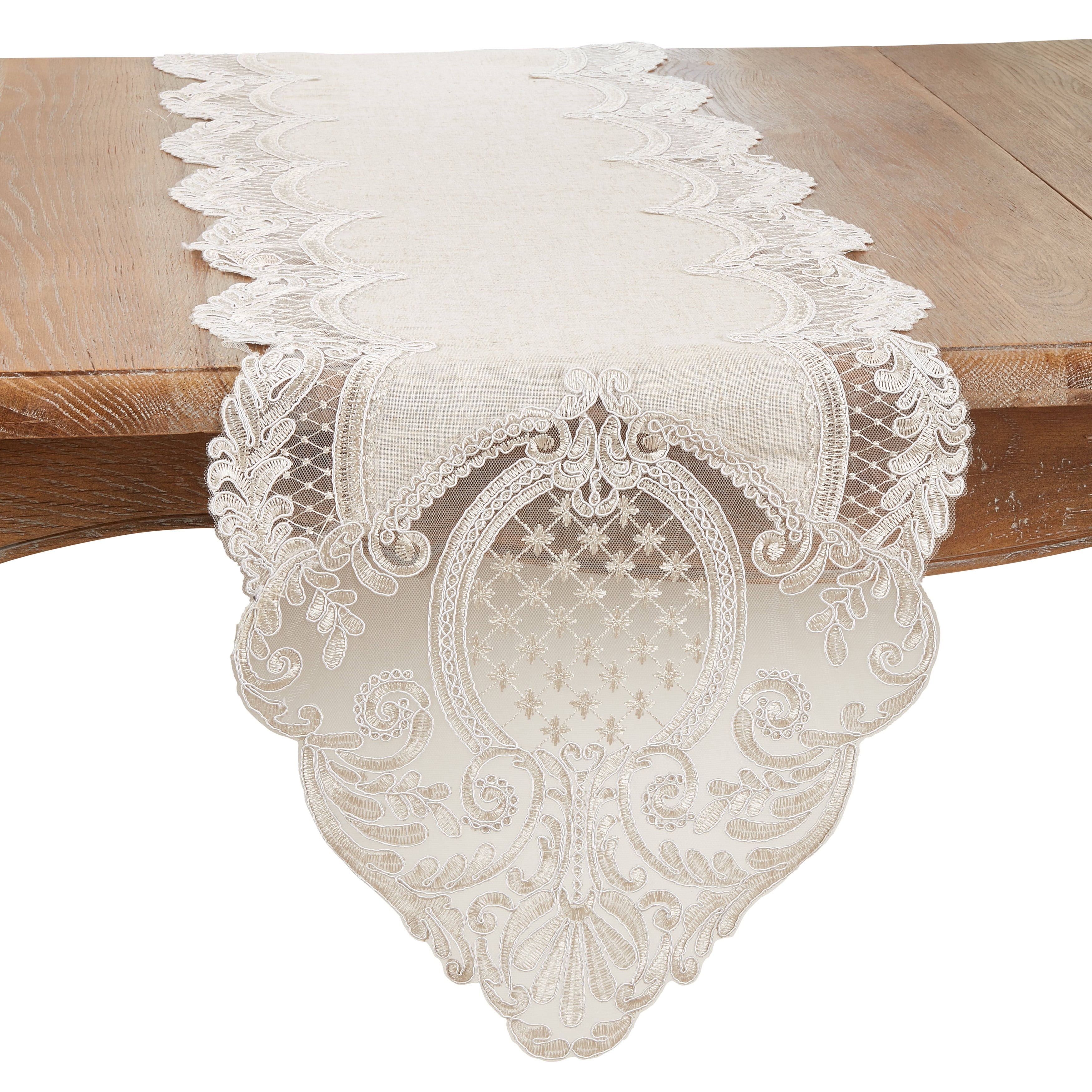 Elegant Beige Embroidered Lace Table Runner