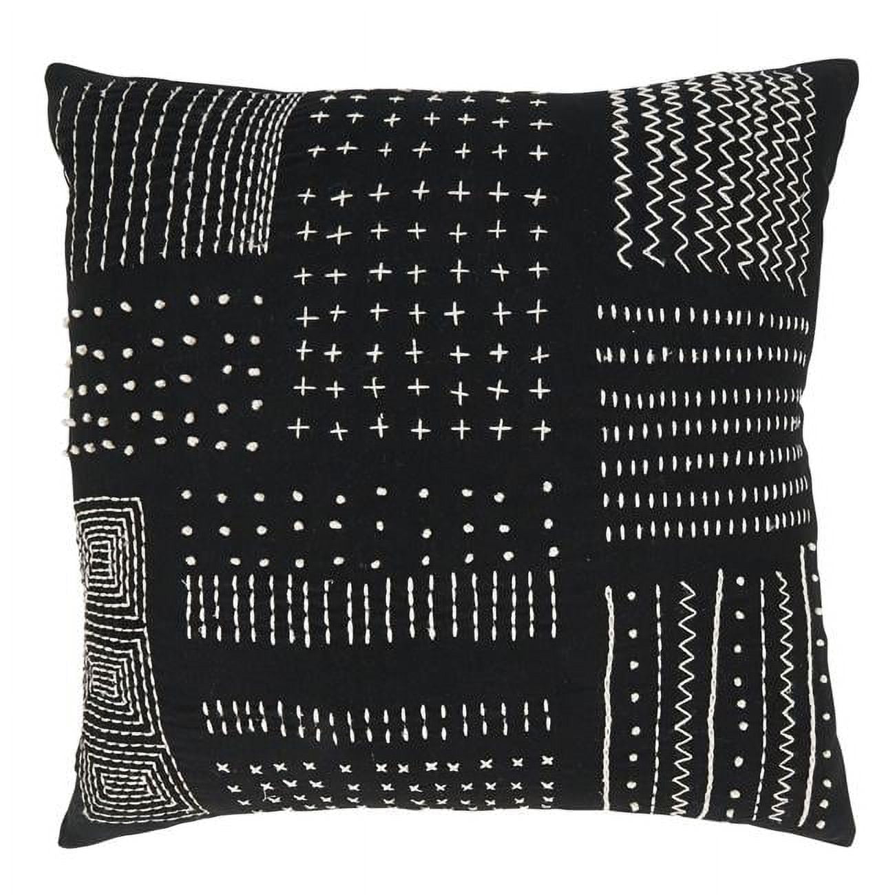 Black and White Embroidered Cotton Square Throw Pillow