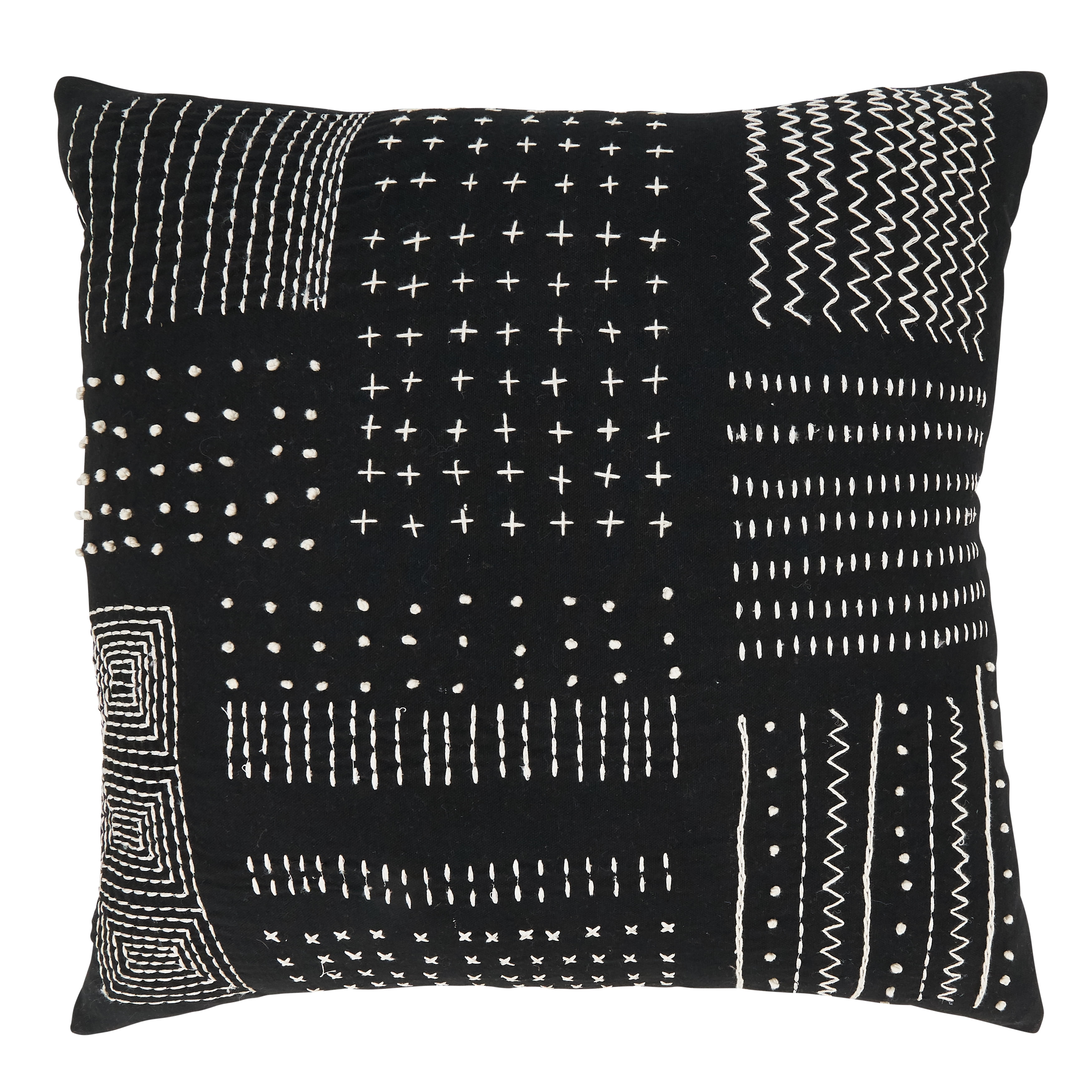 Black Cotton Embroidered Square Throw Pillow Cover