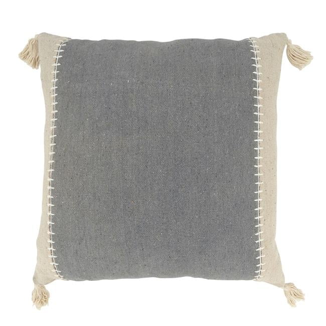 Gray and Beige Cotton Square Throw Pillow with Tassels