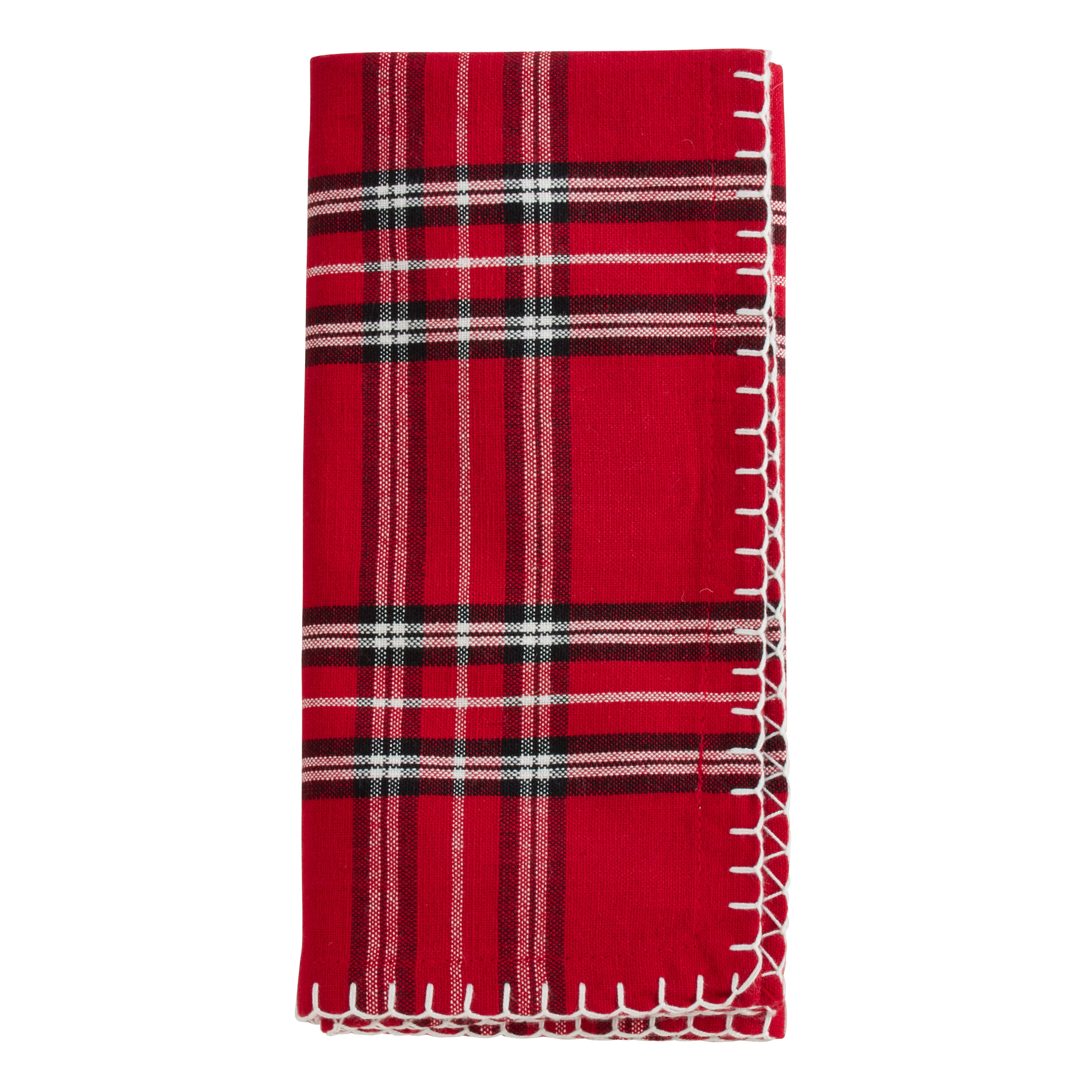 Red Plaid Cotton Dinner Napkins with Whipstitch, Set of 4