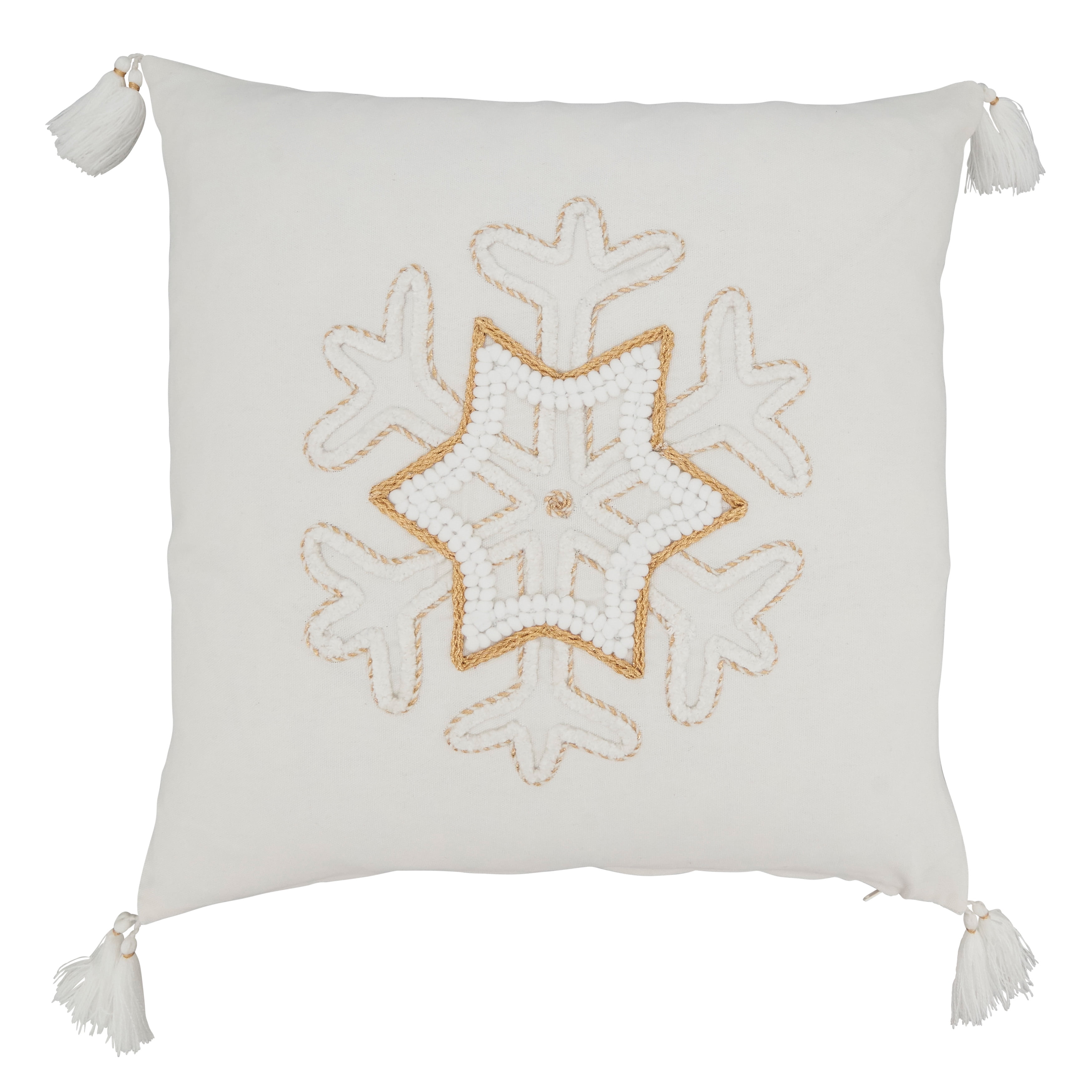 Gold and White Cotton Snowflake Throw Pillow Cover with Tassels, 18"