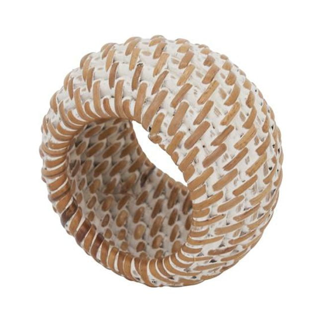 Hand-Woven White and Natural Rattan Napkin Rings, Set of 4