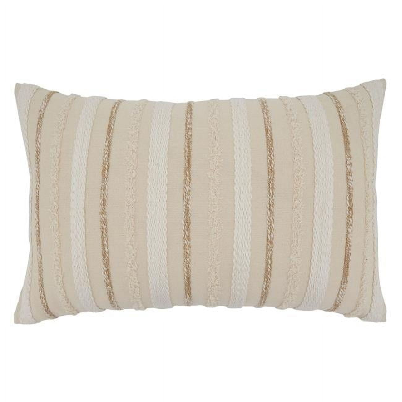 Small Beige Woven Stripe Frayed Throw Pillow