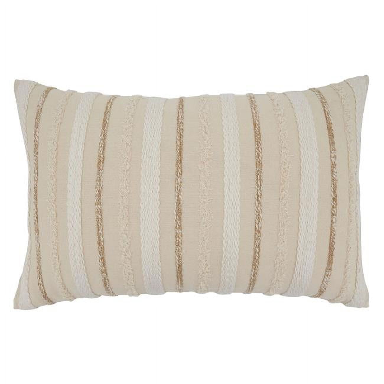 Beige Woven Stripe Rectangular Throw Pillow with Frayed Edges