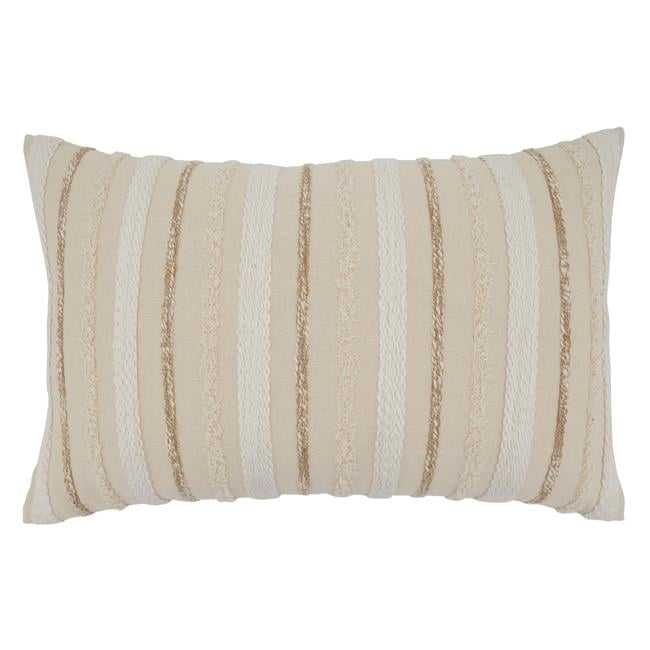 Beige Woven Stripe Rectangular Throw Pillow with Frayed Edges