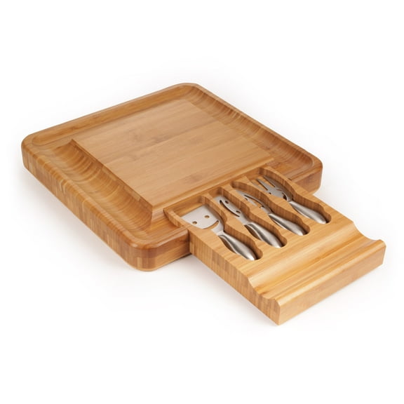 Sarolta Homewares Bamboo Cheese & Sushi Cutting Board and Platter with Brushed Stainless Steel Cutlery Set - 10 Sets
