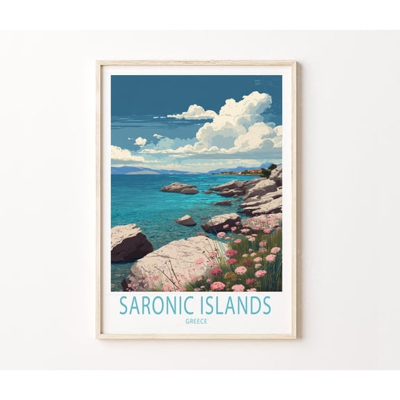 Saronic Islands Greece Greek Island Harbor Village Wall Art Decor, Unframed Paper Poster 8x10in