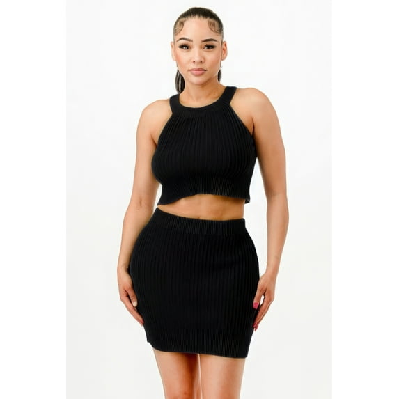 Saronite 2 Piece Halter Ribbed Knit Neck Tank Top and Bodycon Mini Skirt Set, Black (Women's)