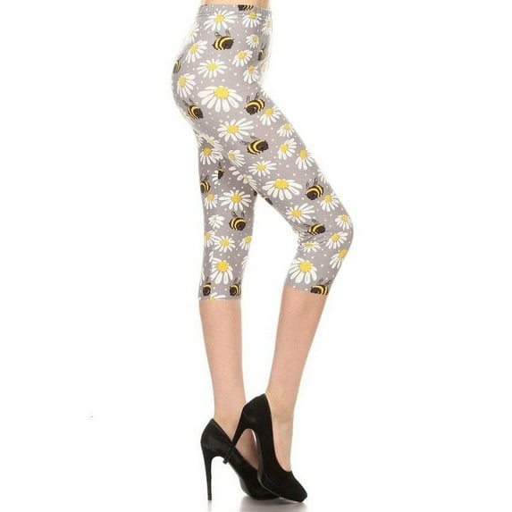Saronite Allover Floral And Bee Printed High Waisted Cropped Capri Leggings (Women's)
