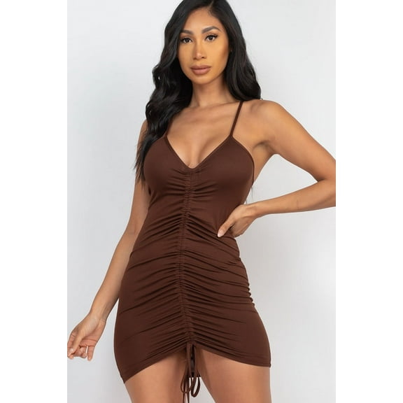 Saronite Basic Adjustable Ruched Front Cami Straps Mini Dress, Coffee (Women's)