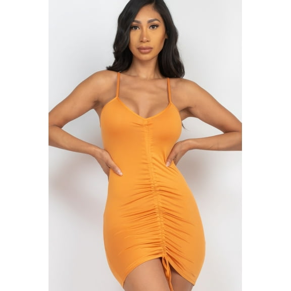 Saronite Basic Adjustable Ruched Front Cami Straps Mini Dress, Tomato Cream (Women's)