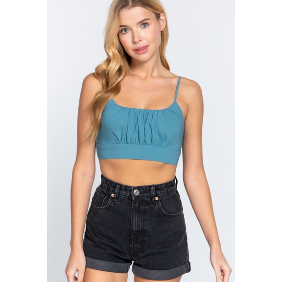 Saronite Basic Back Ribbon Cami Straps Crop Top, Emerald (Women's)