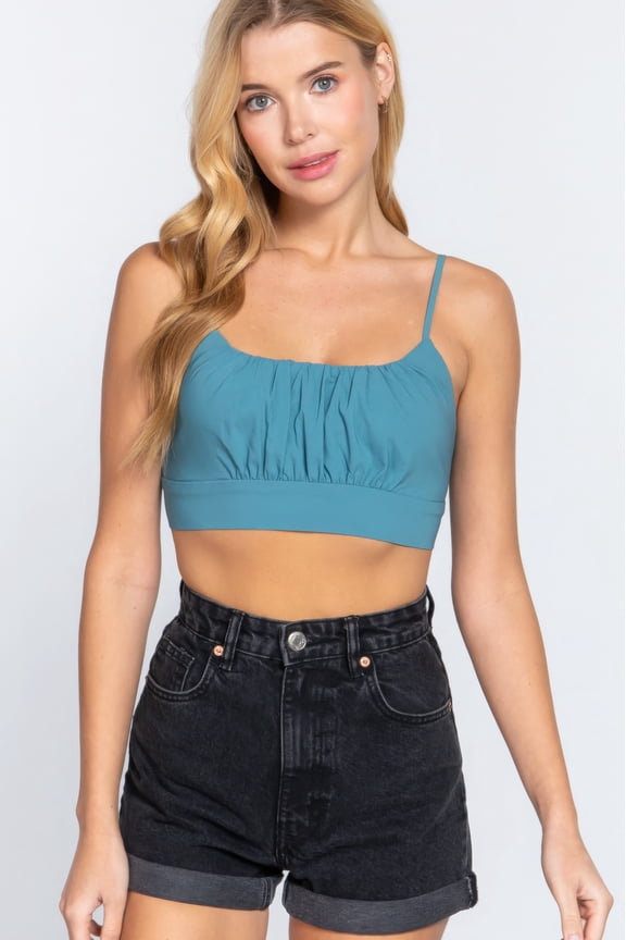 Basic Back Ribbon Cami Straps Crop Top, Emerald (Women's)