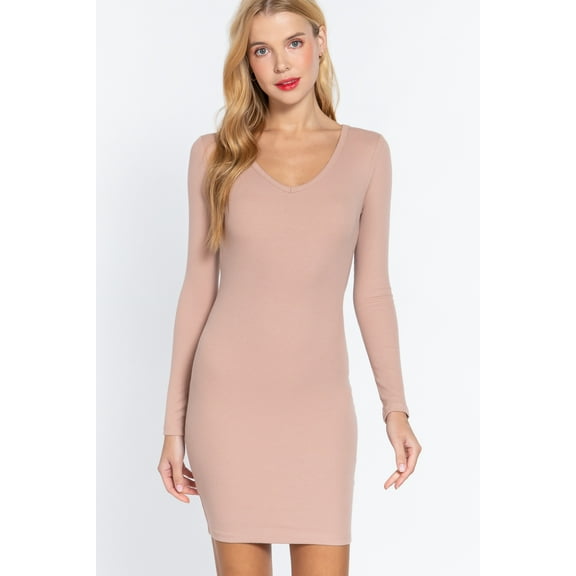 Saronite Basic Bodycon Ribbed Knit V Neck Long Sleeve Mini Dress, Pale Pink (Women's)
