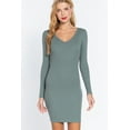 thumbnail image 1 of Saronite Basic Bodycon Ribbed Knit V Neck Long Sleeve Mini Dress, Sage (Women's), 1 of 4