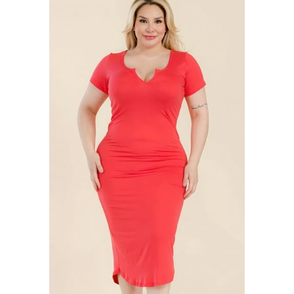 Saronite Basic Bodycon Split Neck Short Sleeve Midi Dress, Fiery Coral (Women's Plus)