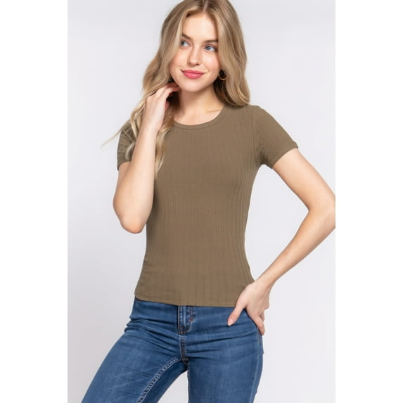 Saronite Basic Cotton Ribbed Knit Crew Neck Short Sleeve Top, Brown (Women's)