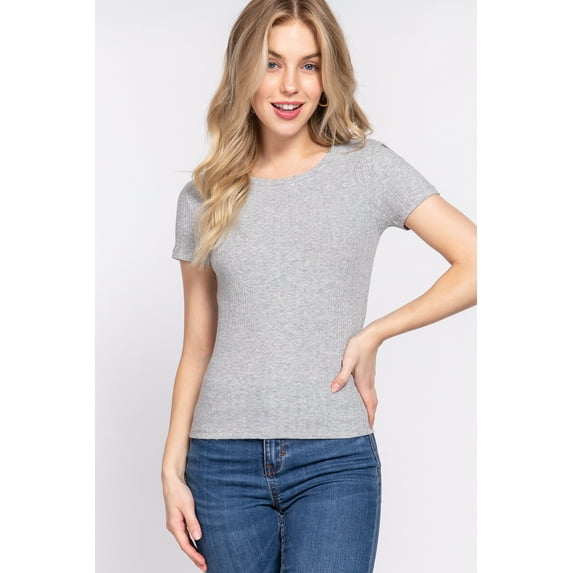 Saronite Basic Cotton Ribbed Knit Crew Neck Short Sleeve Top, Heather Grey (Women's)
