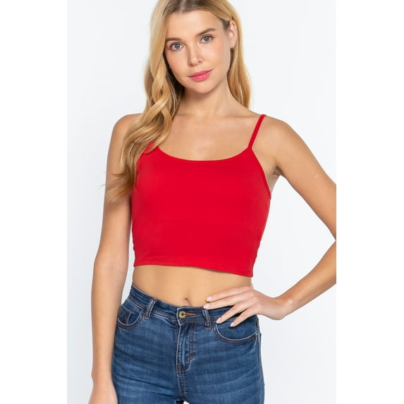Saronite Basic Cotton Round Neck Removable Bra Cup Cami Straps Crop Tank Top, Bold Red (Women's)
